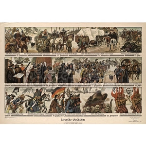 This clipart image depicts various scenes from German history, illustrated in a detailed and cartoonish style. The scenes include historic events with people engaged in activities such as traveling, holding meetings, and participating in military actions. There are multiple panels, each representing different time periods and significant moments in German history.