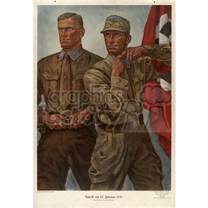 This clipart image depicts a propaganda poster with two men wearing military uniforms. One of them is fastening his collar while the other is standing beside him. They appear to be standing in front of a Nazi flag. The poster has text at the bottom that reads, 'Appell am 23. Februar 1933'.
