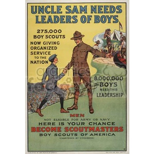 This is a vintage recruitment poster urging men to become Scoutmasters for the Boy Scouts of America. It features an illustration of Uncle Sam shaking hands with a Boy Scout, with a group of Boy Scouts performing various activities in the background. The text emphasizes the need for leaders, with mentioning 275,000 Boy Scouts in service and urging men who are not eligible for the army or navy to join as Scoutmasters.