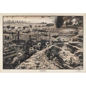 A dramatic World War I clipart image depicting a battlefield scene. Soldiers are positioned in trenches, engaging in combat as explosions and gunfire occur. A tank is visible advancing in the background, with various figures running and taking cover among the devastation.