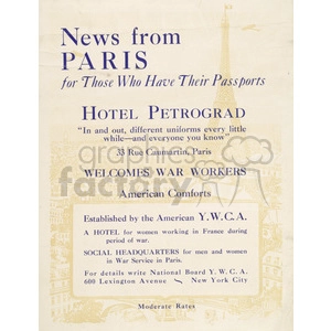 A vintage promotional poster for Hotel Petrograd in Paris, established by the American Y.W.C.A. The hotel provides accommodations for war workers and offers American comforts. The poster mentions the address as 33 Rue Caumartin, Paris, and gives additional details for contacting the National Board Y.W.C.A. in New York City. The background features an illustration of the Eiffel Tower.