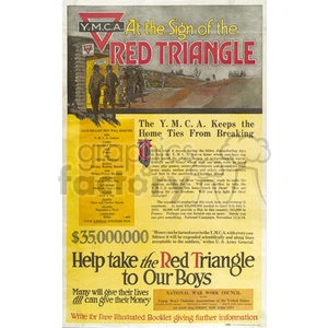 A vintage YMCA poster titled 'At the Sign of the Red Triangle,' promoting the importance of YMCA services in maintaining soldiers' well-being and morale during wartime. The poster features an illustration of soldiers in a war zone and emphasizes the need for $35 million in donations to support the cause.