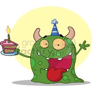 Spotted green monster with horns wearing a blue party hat holding heart shaped birthday cake with candle