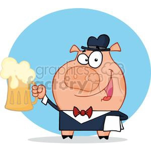 A cartoon pig dressed as a waiter, wearing a bow tie and holding a frothy mug of beer, against a blue circular background.