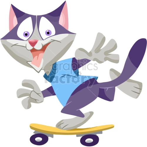 The clipart image shows a cartoon cat riding a skateboard. The cat is shown in mid-air, with its front paws on the skateboard and its back legs extended behind it. The cat has a happy expression on its face and is wearing a red and blue helmet, as well as a yellow t-shirt. The background is white and there are no other objects or characters in the image.
