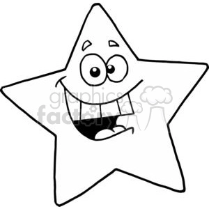 Black and white clipart image of a smiling star with cartoonish facial features.
