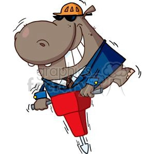 A cartoon hippopotamus wearing a construction helmet and a business suit, operating a jackhammer.