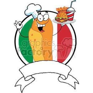 Hot Dog Chef Serving A Hamburger French Fries And Drink In Front Of Flag Of Italy Banner