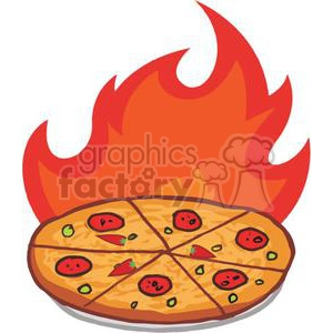 Clipart image of a pizza placed in front of a large flame. The pizza is topped with various ingredients, including tomatoes and peppers.