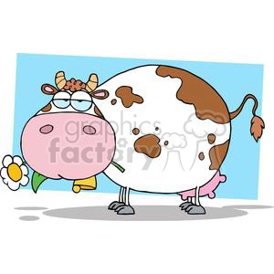 The clipart image features a humorous depiction of a cow with a comical expression. The cow is standing, has large, pink udders, and is wearing glasses. It is also holding a daisy flower in its mouth and has various brown spots scattered across its white body.