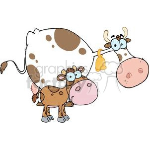 The clipart image depicts a humorous scenario featuring a large, adult cow with a bell around its neck looking quizzically at a baby cow that is standing next to it. The baby cow is brown and smaller than the white and brown adult cow, with exaggerated large eyes giving it a cute appearance.