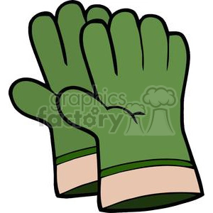 A clipart illustration of a pair of green gloves with beige cuffs.