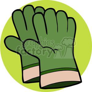 Clipart image of a pair of green gloves with beige cuffs, set against a green circular background.