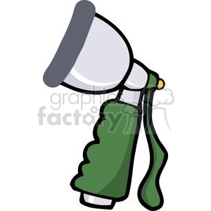 A colored clipart image of a garden hose nozzle with a green handle and a grey spray head.