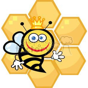 A smiling cartoon bee wearing a crown, standing in front of a honeycomb background.