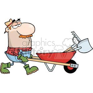 A cartoon illustration of a gardener or farmer pushing a red wheelbarrow filled with a saw and shovel.