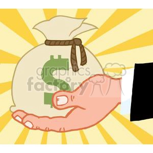 A clipart image of a hand holding a money bag with a dollar sign on it, with a background of yellow rays.