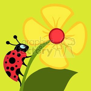 A cute clipart image featuring a red and black spotted ladybug climbing on a bright yellow flower with a red center, set against a light green background.
