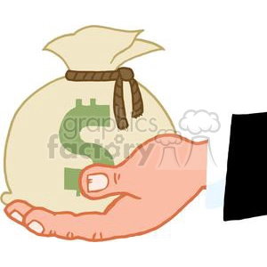 Clipart image of a hand holding a bag of money with a dollar sign on it.