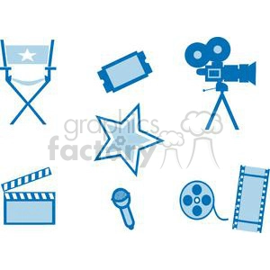 A collection of blue clipart images depicting various film and entertainment-related items. The items include a director's chair, a movie ticket, a film camera, a star, a clapperboard, a microphone, a film reel, and a film strip.