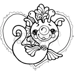 A cute cartoon-style seahorse with a large head, big eyes, and a cheerful expression. The seahorse is set against a heart-shaped background.