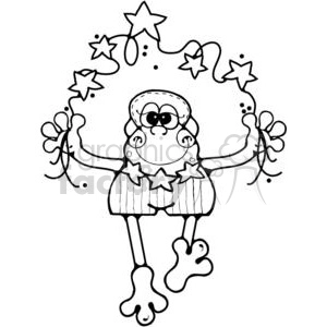 A whimsical clipart illustration of a character with large eyes, wearing striped shorts decorated with stars, holding a garland of stars.
