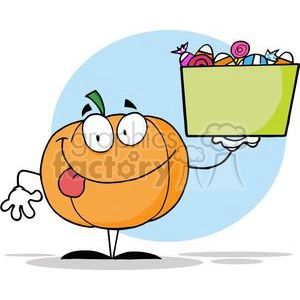 3207-Happy-Pumpkin-Character-Holding-Up-A-Tub-Of-Candy