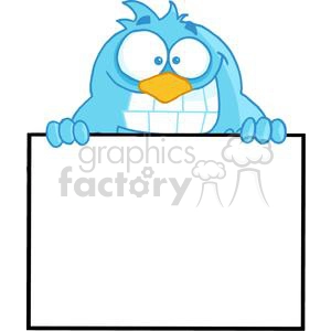 A cheerful blue bird cartoon character peeking over a blank white sign, showing a big smile and holding the sign with both wings.