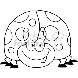 A black and white clipart drawing of a smiling ladybug with large eyes and antennae. The ladybug has spots on its back.