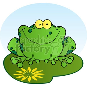 The clipart image features a stylized cartoon frog sitting on a lily pad, with a single yellow flower on it. The frog has a plump and cheerful appearance with wide, bulging eyes and a content expression, adding a sense of humor and whimsy to the character.