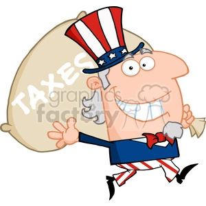 A cheerful character wearing a patriotic hat and attire reminiscent of Uncle Sam, carrying a large sack labeled 'TAXES'.
