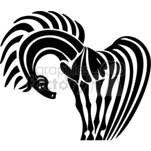 A stylized black and white clipart image of a horse with an elongated, flowing mane and tail.