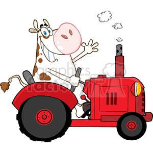 This clipart image features a comical depiction of a cow driving a red farm tractor. The cow has a humorous expression, with one hand on the steering wheel and the other waving in the air. It has large blue eyes and appears to be wearing glasses, has spots on its body, and a tuft of hair at the end of its tail. The tractor is stylized with large black tires, red bodywork, and a simple design that suggests it is intended for comic or illustrative purposes rather than realism. The cow seems jubilant and carefree, possibly chewing something as indicated by the presence of a small chew cloud near its mouth.