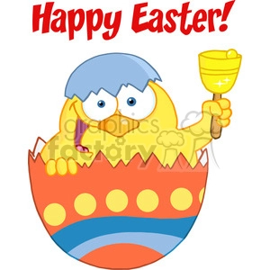 Royalty-Free-RF-Copyright-Safe-Happy-Easter-Text-Above-A-Yellow-Chick-Peeking-Out-Of-An-Easter-Egg-And-Ringing-A-Bell