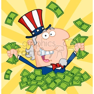 Cartoon illustration of a character resembling Uncle Sam celebrating with lots of dollar bills, set against a sunburst background.