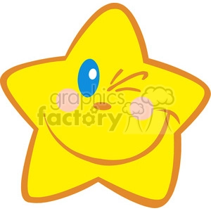 A cheerful yellow star with a big smile and a winking eye. The star has blushing cheeks and one big blue eye.