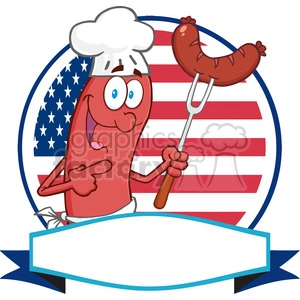 Sausage Cartoon Logo Over A Circle And Blank Banner In Front Of Flag Of USA