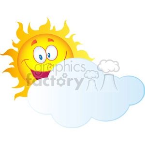 12898 RF Clipart Illustration Happy Sun Cartoon Character Hiding Behind Cloud