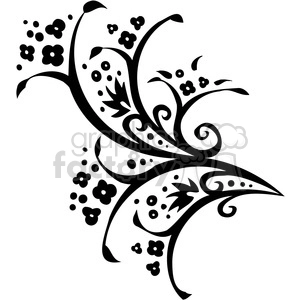 Vector illustration of a decorative floral design featuring intricate black swirls, leaves, and small flowers.