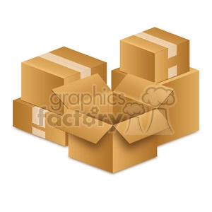 Clipart image depicting five cardboard boxes, with one box open and the rest closed and sealed with tape.