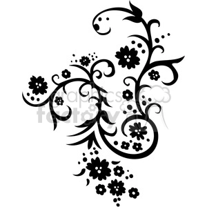 A black and white floral clipart design featuring intricate swirling vines and blooming flowers.