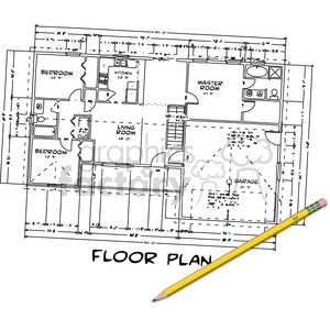 Illustration of a residential floor plan with labeled rooms including bedrooms, kitchen, living room, master room, and garage. A pencil rests on the bottom right corner of the layout.