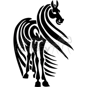 A stylized black and white clipart image of a horse. The design uses bold lines and abstract shapes to create the form of the horse, emphasizing its mane and musculature.