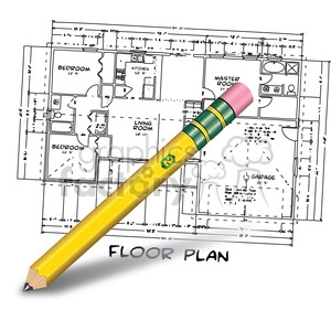 Clipart image featuring a floor plan drawing of a house with labeled rooms such as bedrooms, kitchen, living room, master room, and garage, with a large yellow pencil placed over it and the text 'Floor Plan' underneath.