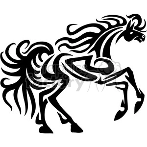 A stylized black and white clipart of a horse with flowing mane and tail, captured in a dynamic pose.