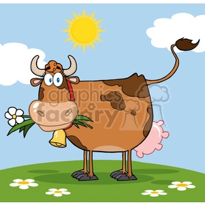 The clipart image features a comical and whimsical depiction of a cow standing on grass with a blue sky background. The cow has big, expressive blue eyes, and a bell hanging from a red collar around its neck. It is holding a flower in its mouth and has a cheerful appearance. Its tail is raised with a little tuft at the end, and the background includes a bright yellow sun and fluffy white clouds. There are also a couple of white flowers with yellow centers on the ground.