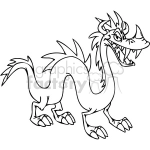 The image depicts a stylized, cartoon-like drawing of a dragon. The features that suggest a humorous take include the exaggerated facial expression with a wide grin and prominent teeth, as well as an animated posture and comically styled features like the spiky tail and playful horns.