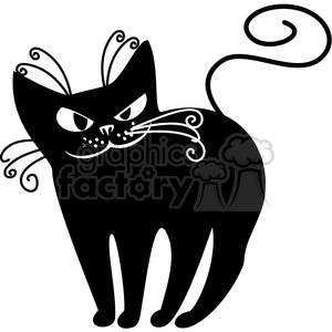 The clipart image depicts a stylized black cat with ornamental whiskers and eyes. The cat has a sleek body with visible legs and a whimsically curled tail.