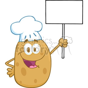A cheerful cartoon potato character wearing a chef's hat and holding a blank sign.