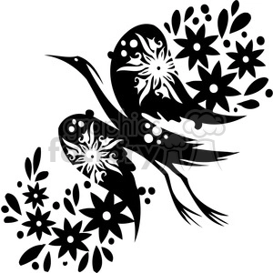 A black and white clipart image featuring a stylized bird with intricate floral patterns on its wings, surrounded by floral motifs.